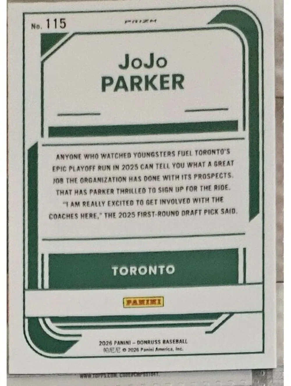 Jojo Parker [Blue Optic] (Rated Prospect) #115 - 2026 Panini Donruss - Toronto